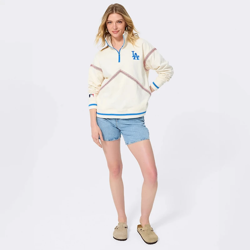 Women's Terez White Los Angeles Dodgers Baseball Stitch Quarter-Zip Pullover