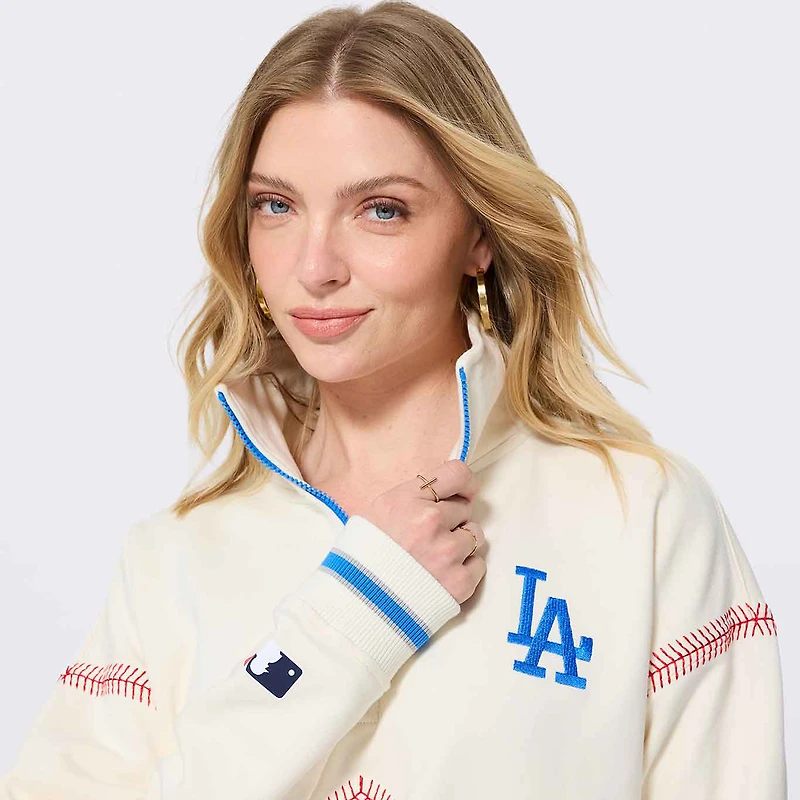 Women's Terez White Los Angeles Dodgers Baseball Stitch Quarter-Zip Pullover
