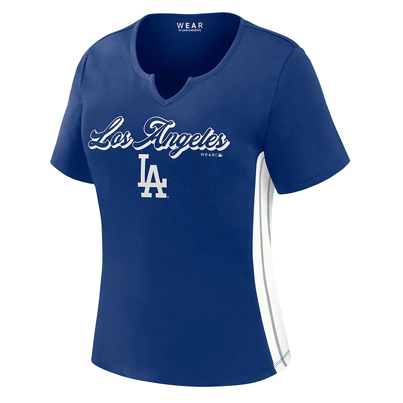 T-shirt court à col cranté Royal Los Angeles Dodgers de la marque WEAR by Erin Andrews pour femmes