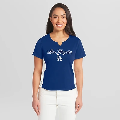 T-shirt court à col cranté Royal Los Angeles Dodgers de la marque WEAR by Erin Andrews pour femmes