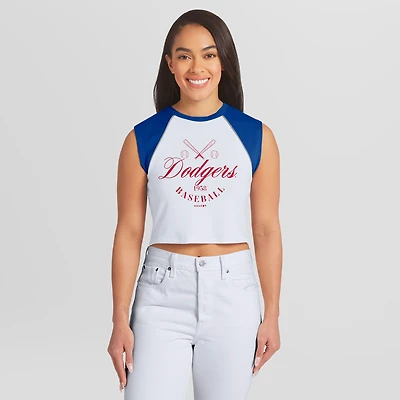 Women's WEAR by Erin Andrews White Los Angeles Dodgers Cooperstown Cropped Raglan Tank Top