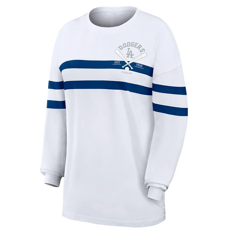 Women's WEAR by Erin Andrews White Los Angeles Dodgers Oversized Long Sleeve Striped T-Shirt
