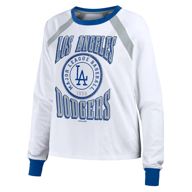 WEAR by Erin Andrews T-shirt blanc à manches longues raglan des Dodgers de Los Angeles pour femmes