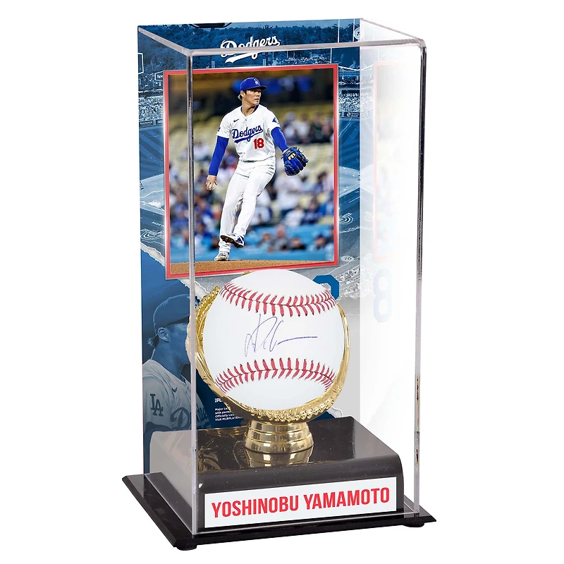 Vitrine de présentation de gants de baseball autographiés et de gants dorés sublimés des Dodgers de Los Angeles avec image de Yoshinobu Yamamoto