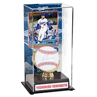 Vitrine de présentation de gants de baseball autographiés et de gants dorés sublimés des Dodgers de Los Angeles avec image de Yoshinobu Yamamoto