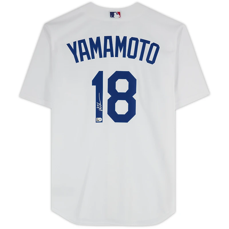 Maillot réplique Nike blanc dédicacé par Yoshinobu Yamamoto des Los Angeles Dodgers