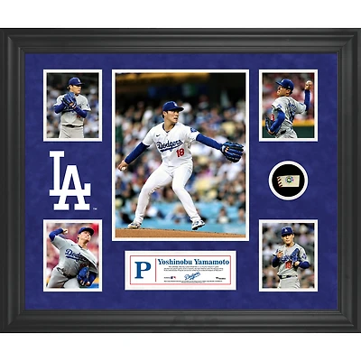 Yoshinobu Yamamoto Los Angeles Dodgers Framed 5-Photo Collage with a Piece of Game-Used Ball