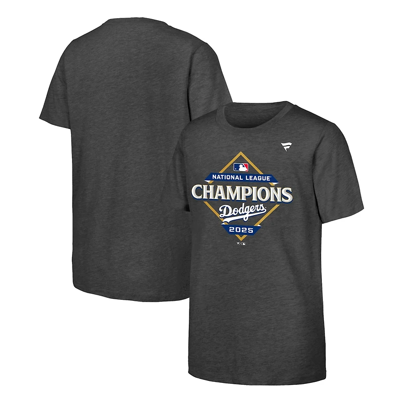 T-shirt de vestiaire des champions la Ligue nationale 2025 Los Angeles Dodgers, Heather Charcoal, pour jeunes fanatiques