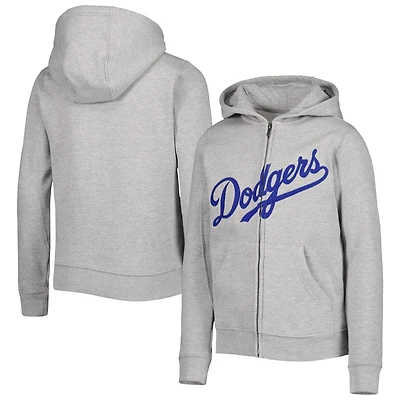 Chandail à capuchon en molleton glissière pleine longueur Los Angeles Dodgers gris chiné pour jeune
