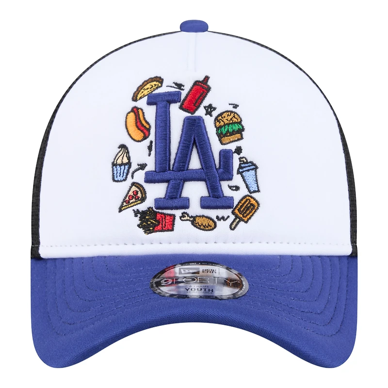 Casquette trucker ajustable New Era blanche/bleu roi Los Angeles Dodgers Food A-Frame 9FORTY pour jeunes