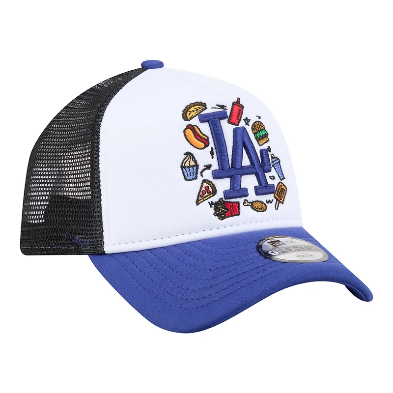 Casquette trucker ajustable New Era blanche/bleu roi Los Angeles Dodgers Food A-Frame 9FORTY pour jeunes