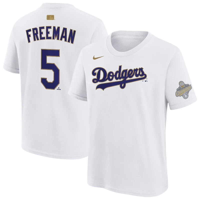 T-shirt Nike Freddie Freeman blanc Los Angeles Dodgers Collection Or 2026 pour enfant, nom et numéro