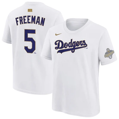 T-shirt Nike Freddie Freeman blanc Los Angeles Dodgers Collection Or 2026 pour enfant, nom et numéro