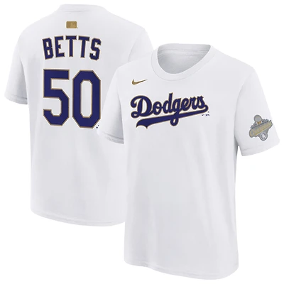 T-shirt Nike Mookie Betts blanc pour enfant, collection Los Angeles Dodgers 2026 Gold, nom et numéro