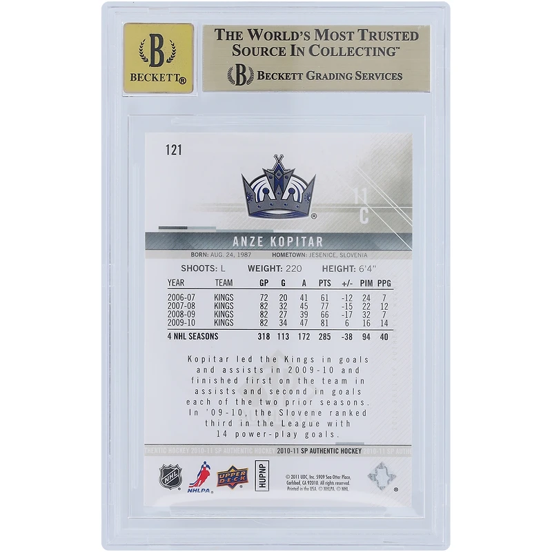 Carte autographiée Upper Deck SP authentique n° 121 Beckett Fanatics Witnessed 9.5/10 des Los Angeles Kings de Anze Kopitar 2007-08