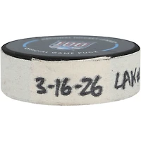 Rondelle de but utilisée par Drew Doughty (Los Angeles Kings) lors du match du 16 mars 2026 contre les Rangers de New York.