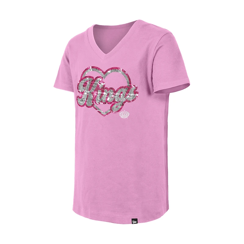 T-shirt à col en V sequins roses Los Angeles Kings de New Era pour fille