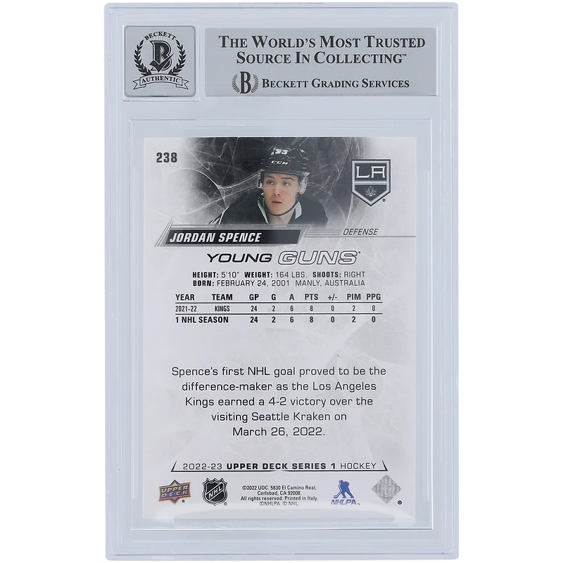 Jordan Spence Los Angeles Kings Autographed 2022-23 Upper Deck Series 1 Youngs Guns #238 Beckett Fanatics Witnessed Authenticated 9/10 Rookie Card