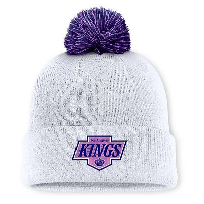 Men's Fanatics  White Los Angeles Kings Authentic Pro Hockey Fights Cancer Cuffed Knit Hat with Pom