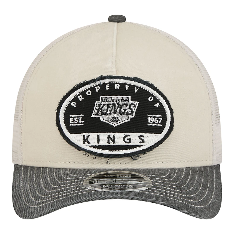 Men's New Era Natural/Black Los Angeles Kings Frayed M-Crown A-Frame 9FORTY Trucker Adjustable Hat