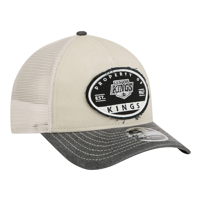Men's New Era Natural/Black Los Angeles Kings Frayed M-Crown A-Frame 9FORTY Trucker Adjustable Hat