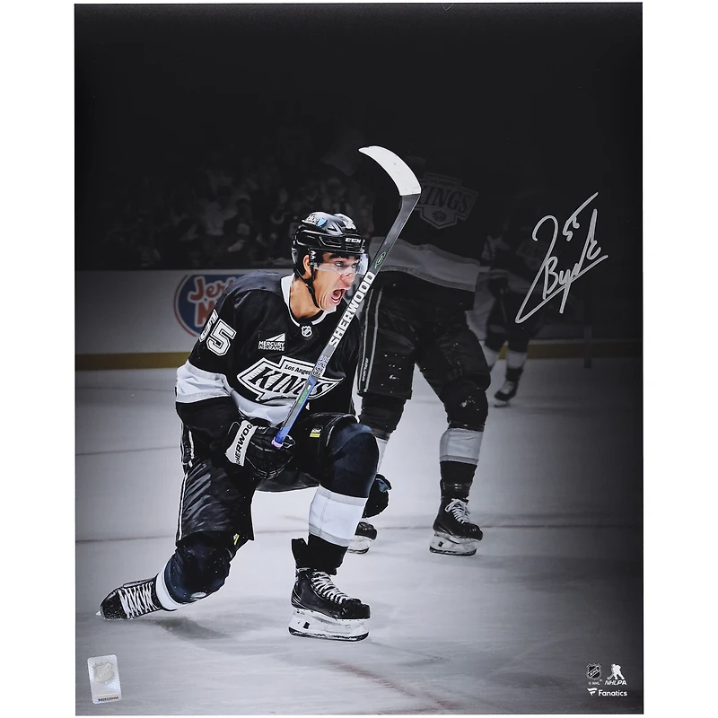 Quinton Byfield Los Angeles Kings Autographed 16" x 20" Black Jersey Celebration Spotlight Photograph