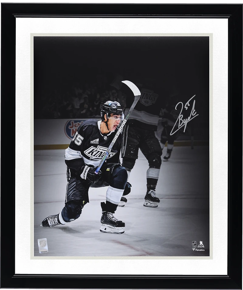 Quinton Byfield Los Angeles Kings Autographed 16" x 20" Black Jersey Celebration Spotlight Photograph