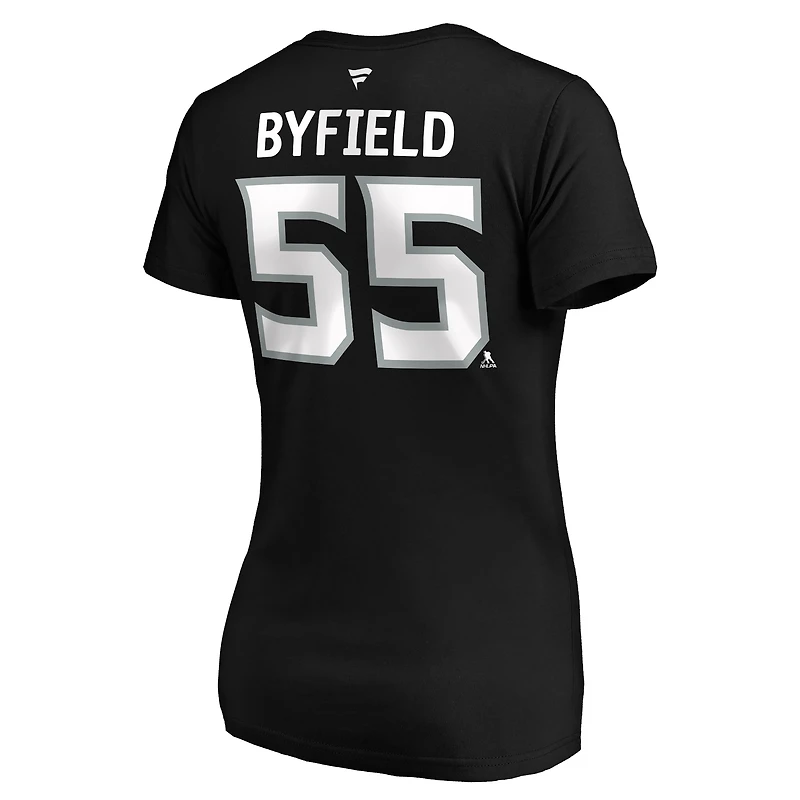 T-shirt authentique Fanatics Quinton Byfield noir pour femme, col en V, Los Angeles Kings, avec nom et numéro superposés
