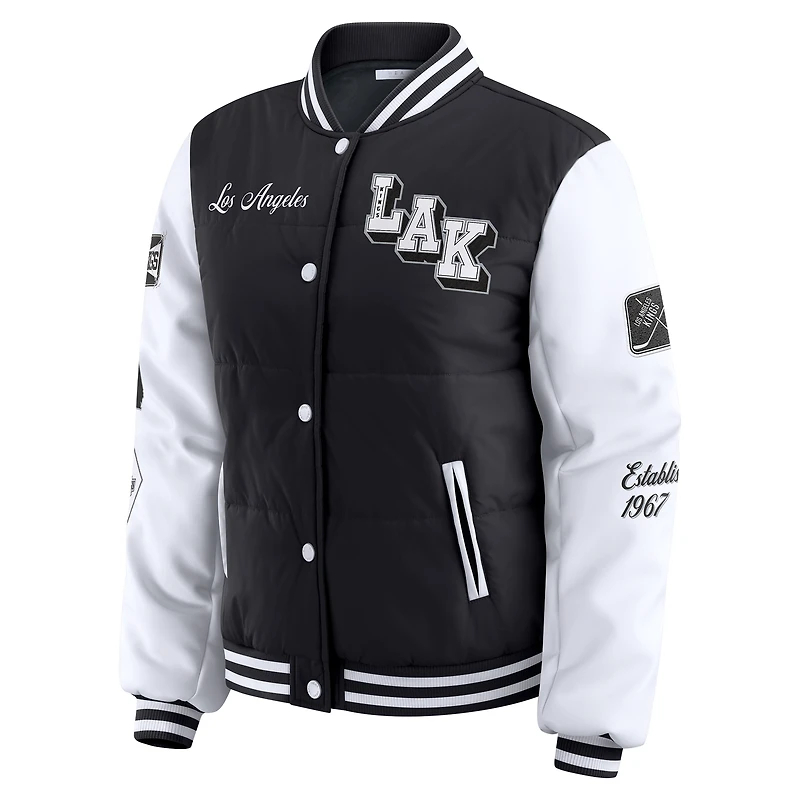 Women's WEAR by Erin Andrews Black/White Los Angeles Kings Varsity Full-Snap Puffer Jacket