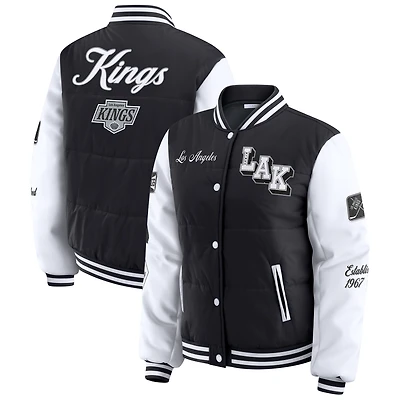 Women's WEAR by Erin Andrews Black/White Los Angeles Kings Varsity Full-Snap Puffer Jacket