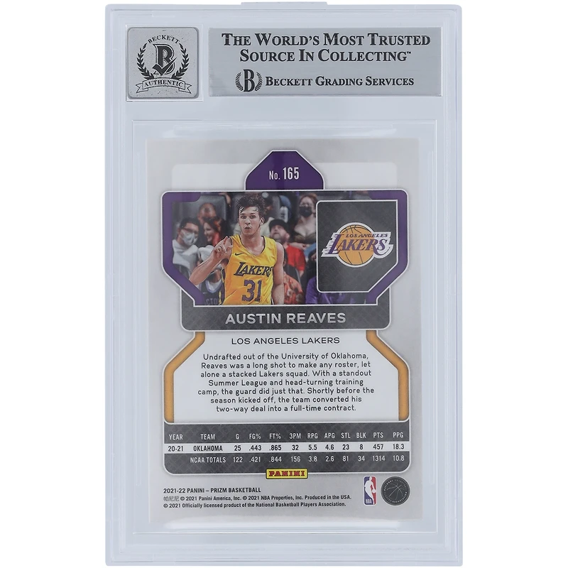 Austin Reaves Los Angeles Lakers Autographié 2021-22 Panini Prizm #165 Beckett Fanatics Witnessed Authenticed 10 Rookie Card