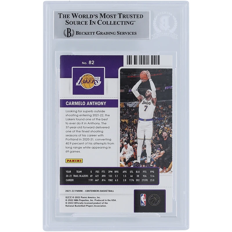 Carte authentifiée autographiée par Carmelo Anthony des Los Angeles Lakers Panini Contenders #82 Beckett 2021-22