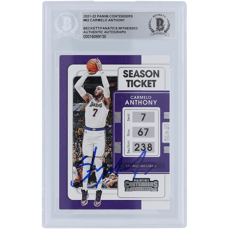 Carte authentifiée autographiée par Carmelo Anthony des Los Angeles Lakers Panini Contenders #82 Beckett 2021-22