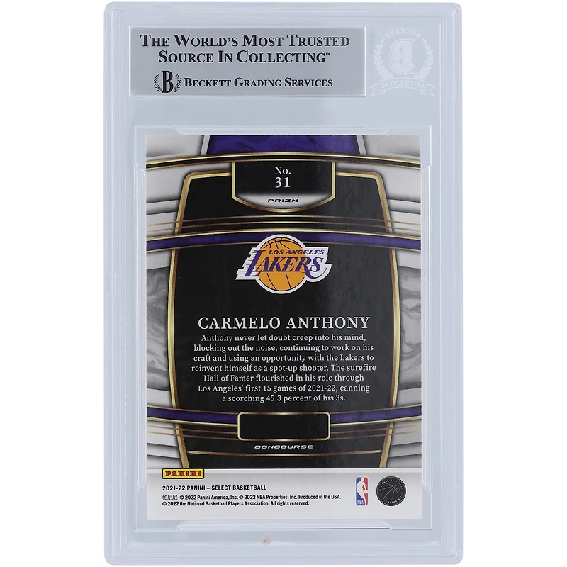 Carte authentifiée autographiée par Carmelo Anthony des Los Angeles Lakers Panini Select Prizm Silver #31 Beckett 2021-22 Fanatics