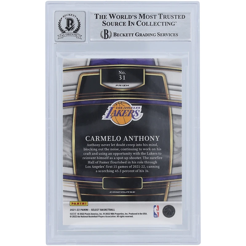 Carte autographiée Panini Select Silver Prizm #31 2021-22 des Los Angeles Lakers de Carmelo Anthony Beckett Fanatics Witnessed Authenticated 10