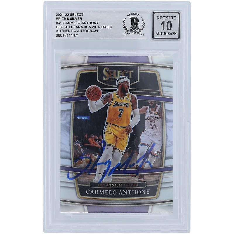 Carte autographiée Panini Select Silver Prizm #31 2021-22 des Los Angeles Lakers de Carmelo Anthony Beckett Fanatics Witnessed Authenticated 10