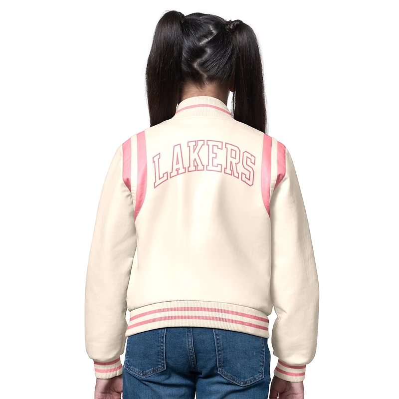 Girls Starter Cream/Pink Los Angeles Lakers Underdog Leather Varsity Jacket