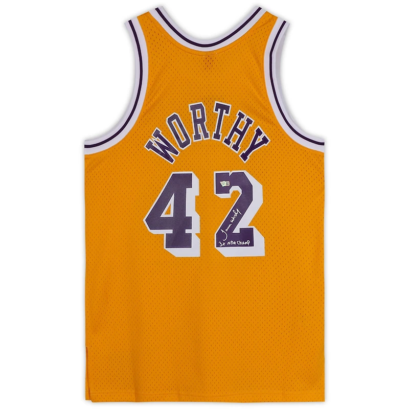 James Worthy Los Angeles Lakers Autographed Mitchell and Ness Gold 1984-1985 Swingman Jersey with "3x NBA Champ" Inscription