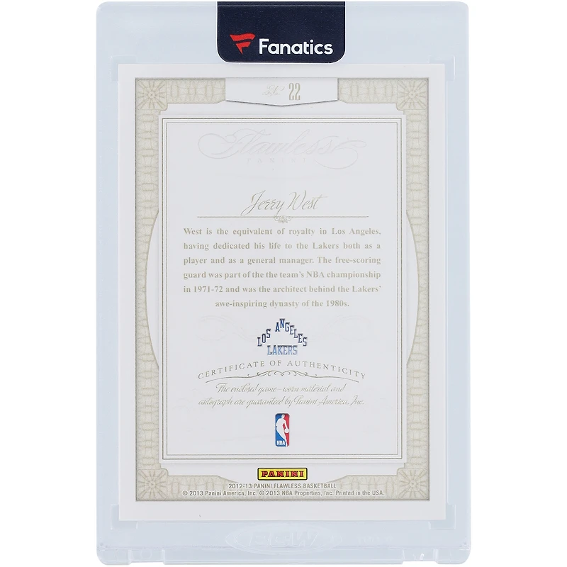 Carte autographiée Panini Flawless Greats 3 couleurs Relic n° 22 #15/25 de Jerry West Los Angeles Lakers 2012-13