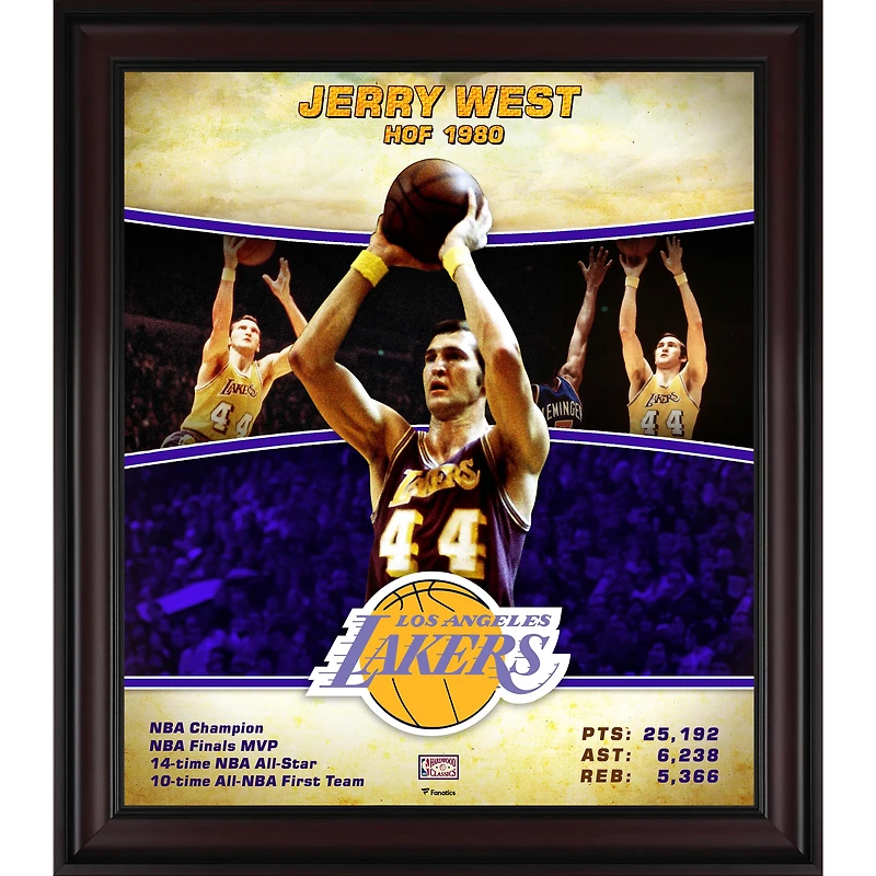 Collage de joueurs classiques en bois dur encadré de 15" x 17" de Jerry West Los Angeles Lakers
