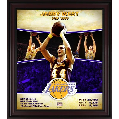 Collage de joueurs classiques en bois dur encadré de 15" x 17" de Jerry West Los Angeles Lakers