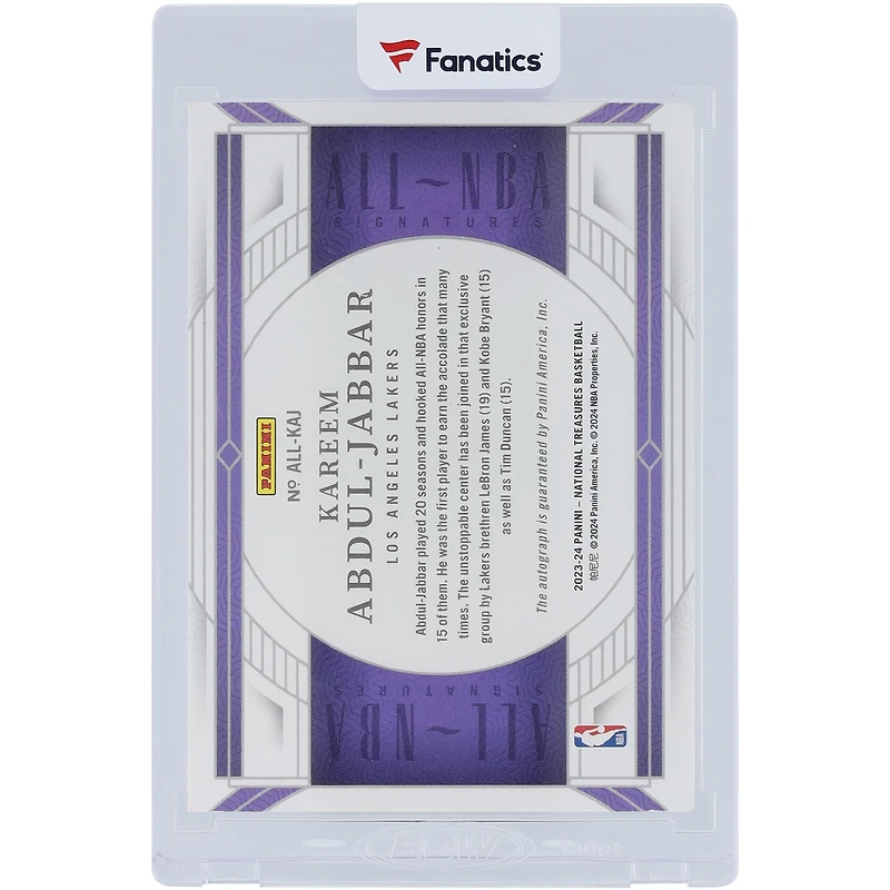 Carte Panini National Treasures rouge #ALL-KAJ #1/8 dédicacée par Kareem Abdul-Jabbar des Los Angeles Lakers 2023-24