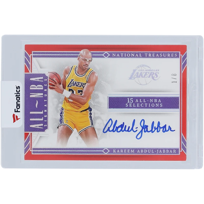 Carte Panini National Treasures rouge #ALL-KAJ #1/8 dédicacée par Kareem Abdul-Jabbar des Los Angeles Lakers 2023-24