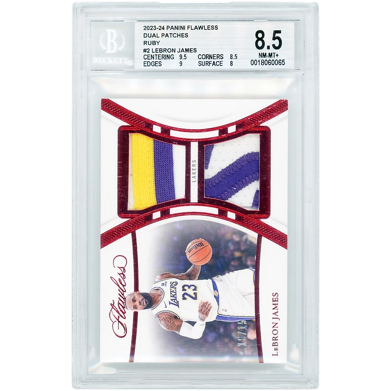 Carte LeBron James Los Angeles Lakers 2023-24 Panini Flawless Dual Patches Relic #FDP-LBJ #10/15 authentifiée BGS 8.5 - Sous-notes 9.5, 8.5, 9, 8