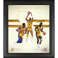 Collage de fondations de franchise classiques en bois dur des années 1980, Magic Johnson Byron Scott et James Worthy Los Angeles Lakers, encadré 15" x 17"