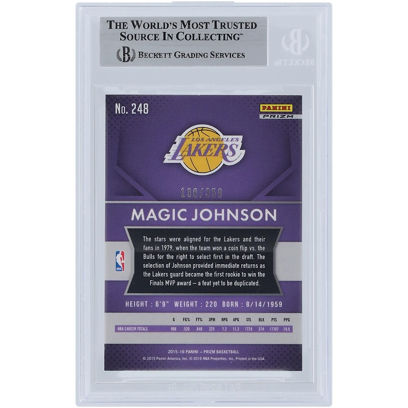 Magic Johnson Los Angeles Lakers Autographed 2015-16 Panini Prizm Ruby Wave Prizm #248 Beckett Fanatics Witnessed Authenticated Card