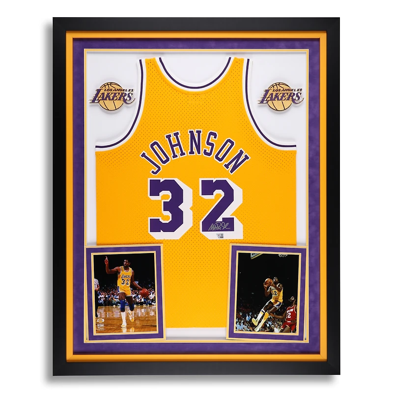Maillot Swingman Mitchell & Ness encadré doré de luxe autographié par Magic Johnson des Los Angeles Lakers