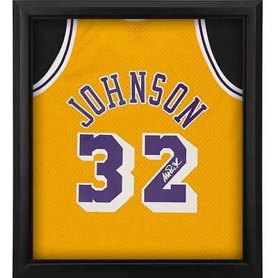 Maillot Swingman doré autographié par Magic Johnson des Los Angeles Lakers, Mitchell & Ness, Shadowbox