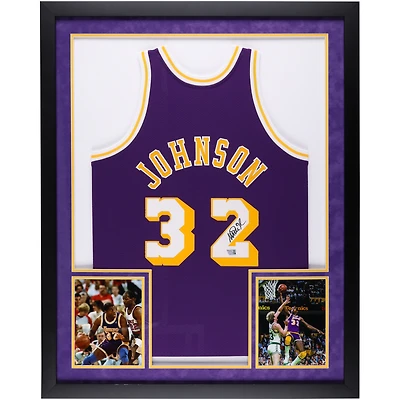 Maillot authentique Mitchell & Ness violet autographié par Magic Johnson des Los Angeles Lakers SM Deluxe encadré