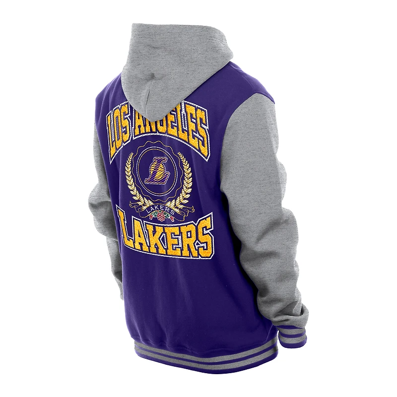 Men's New Era Purple Los Angeles Lakers Throwback Prep Chenille Full-Snap Hooded Varsity Jacket